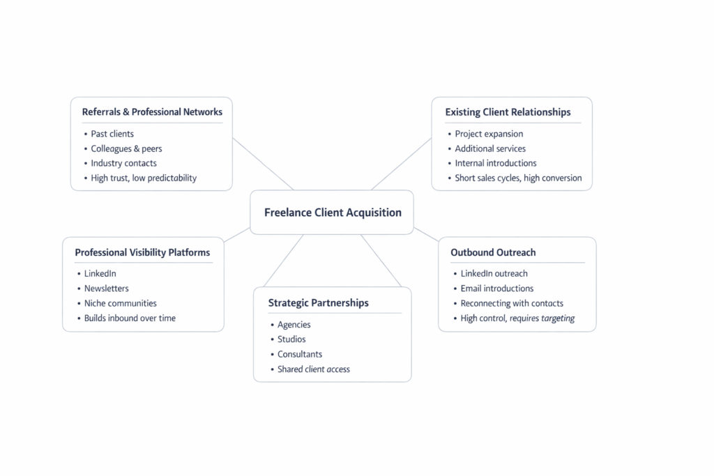framework showing the main channels where freelancers find B2B clients including referrals, existing clients, visibility platforms, outreach, and partnerships