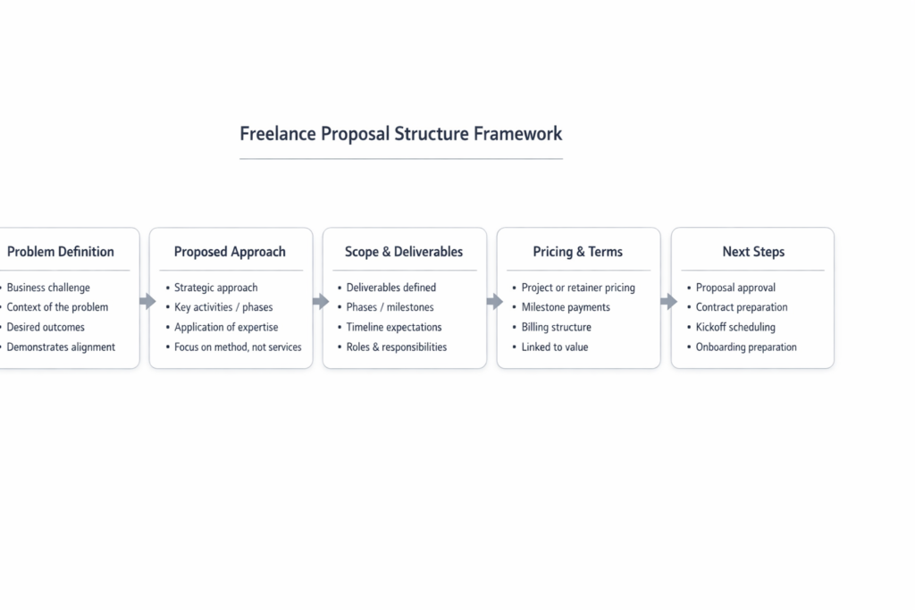 consulting-style freelance proposal structure showing problem definition, approach, scope, pricing, and engagement next steps