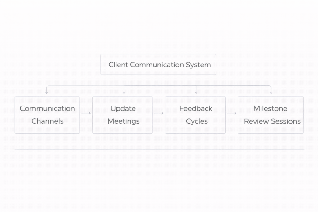 framework showing structured communication channels including scheduled updates, feedback meetings, and defined messaging platforms