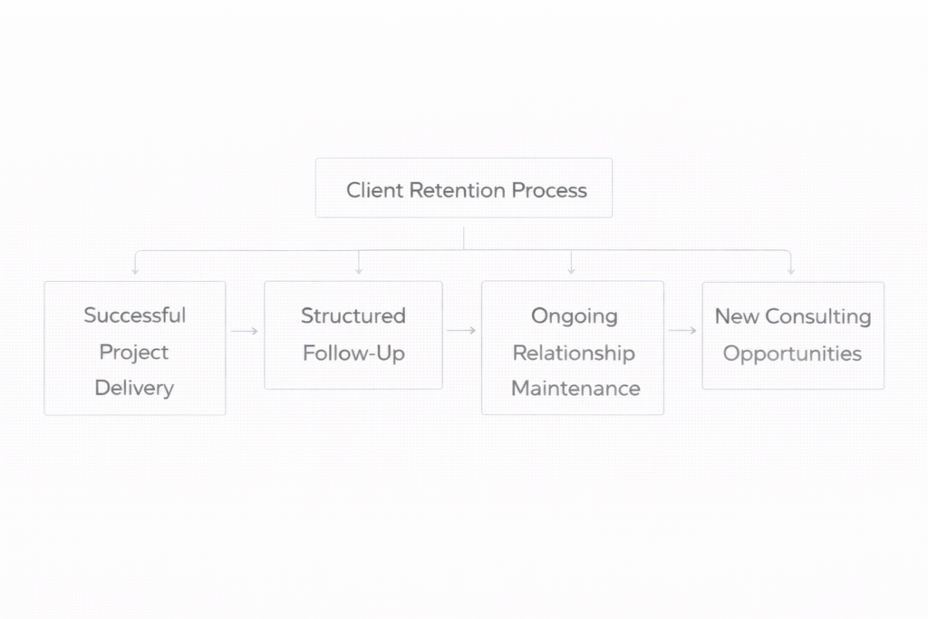 framework showing stages of client retention including delivery success, post-project follow-up, relationship maintenance, and expansion opportunities