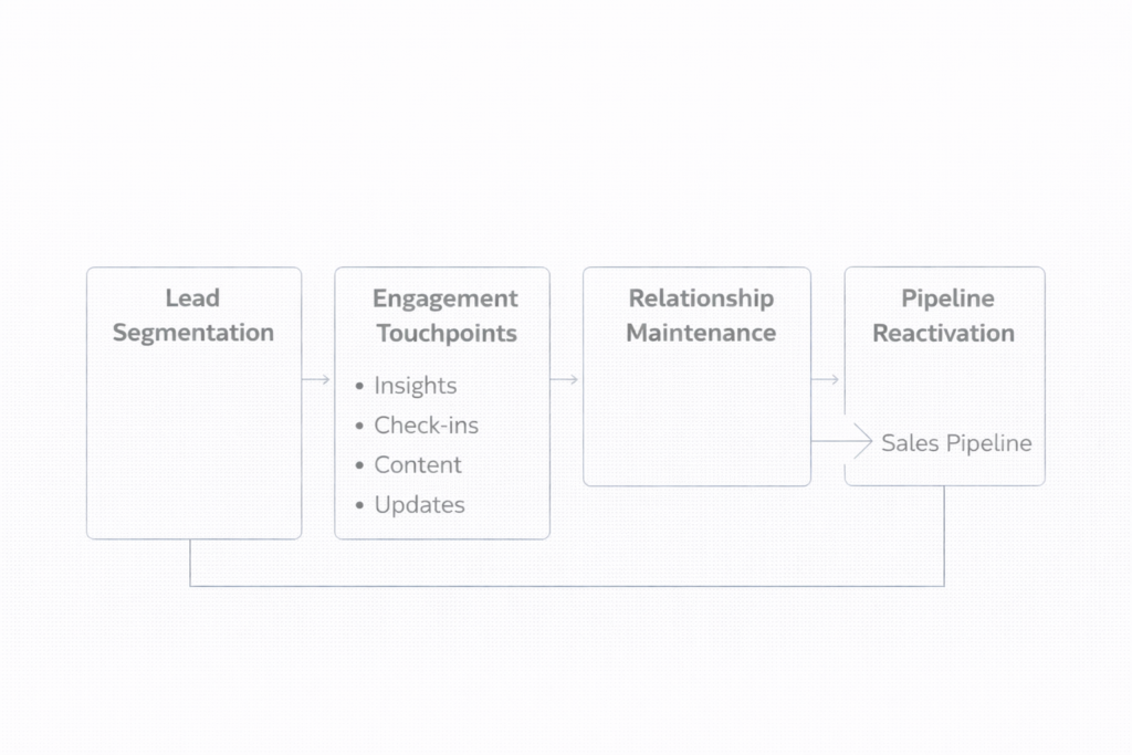 lead nurturing framework for freelance consultants showing lead segmentation, engagement touchpoints, relationship maintenance, and pipeline reactivation