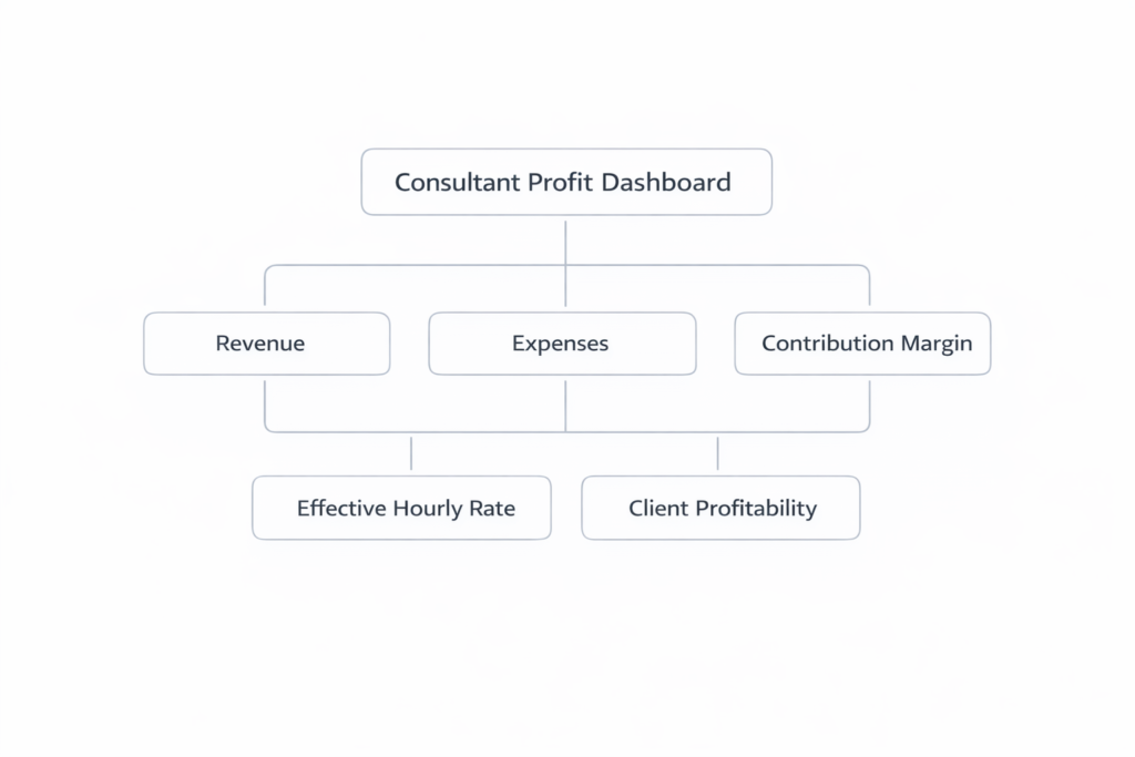 dashboard framework showing revenue, costs, margins, and client profitability metrics used to monitor freelance financial performance