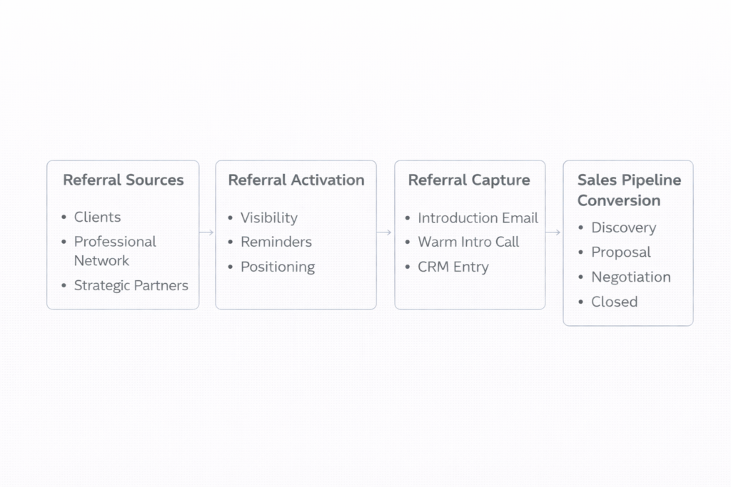 referral system framework for freelance consultants showing referral sources, activation mechanisms, referral capture, and conversion into pipeline opportunities