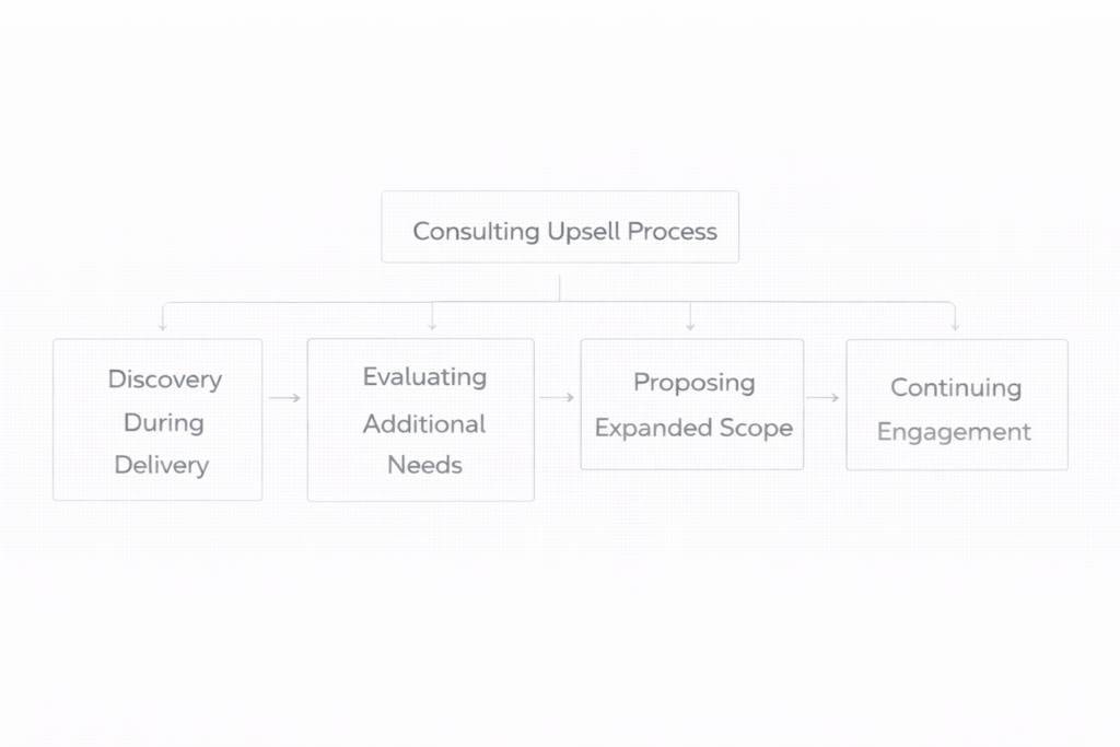 framework showing consulting upsell stages including insight discovery during delivery, identifying expansion opportunities, proposing additional work, and extending the engagement