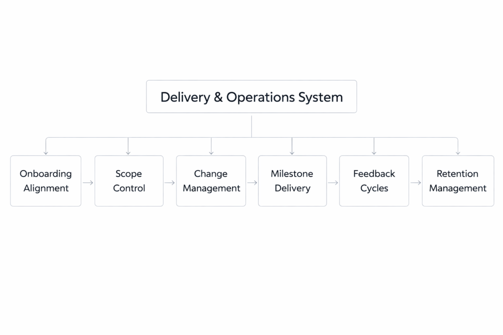 framework showing structured consulting operations including onboarding, scope management, delivery milestones, feedback cycles, and retention systems