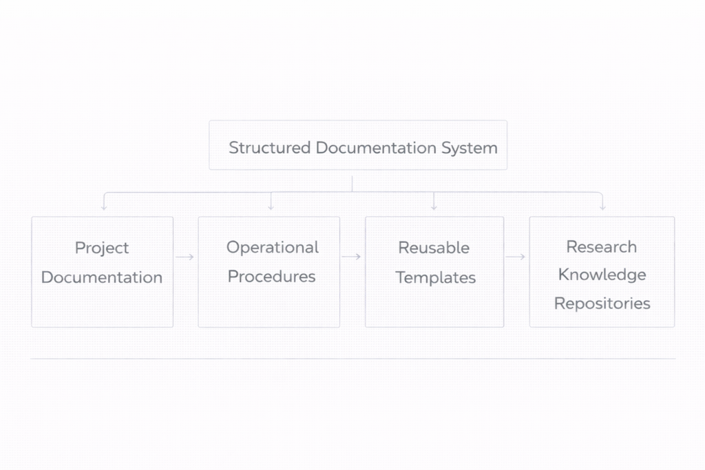 framework showing structured documentation categories including project knowledge, operational procedures, templates, and research resources