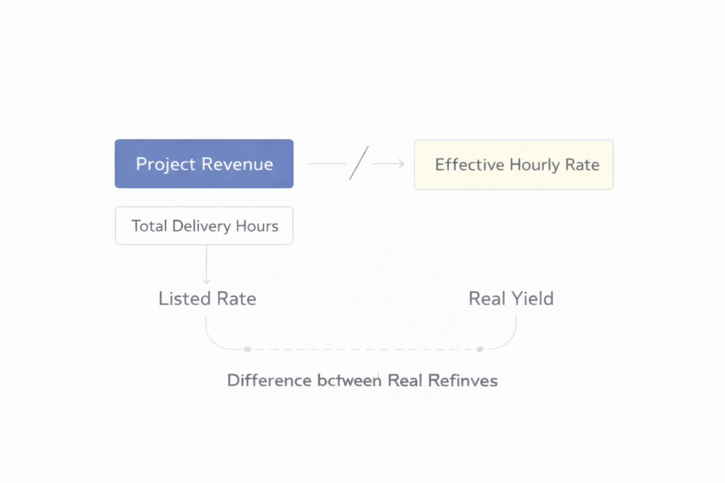 framework showing how project revenue divided by total delivery hours determines the effective hourly rate of freelance work