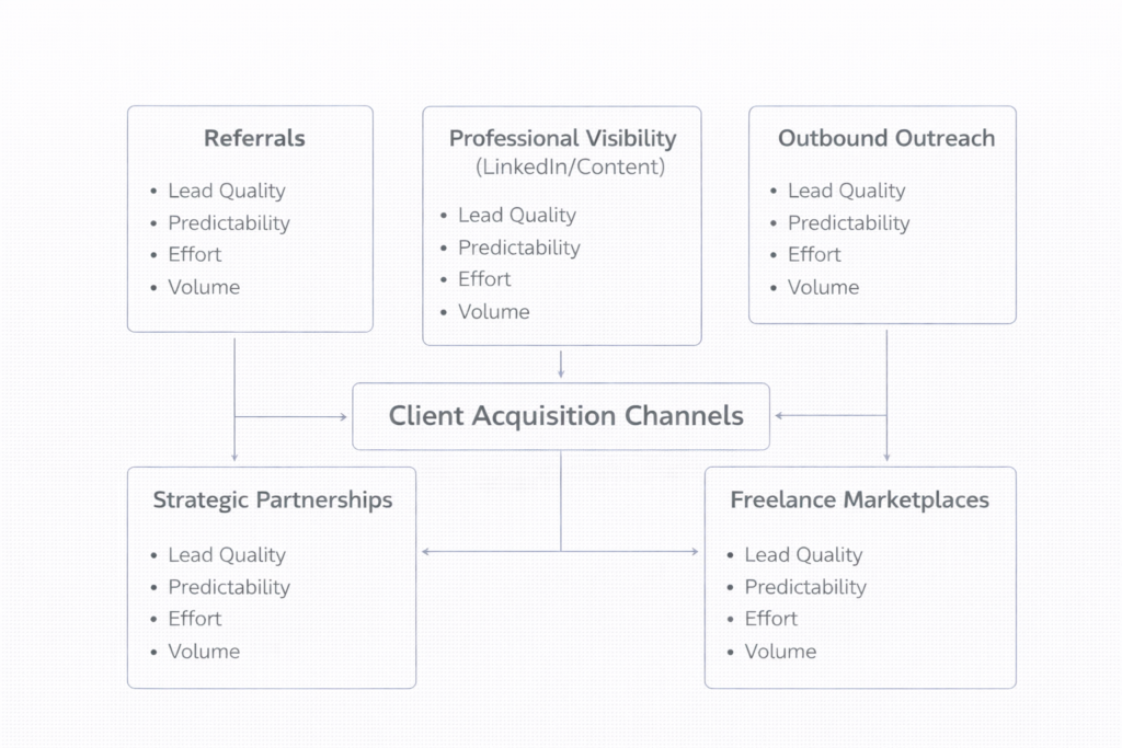 framework comparing freelance client acquisition channels including referrals, visibility platforms, outbound outreach, partnerships, and marketplaces