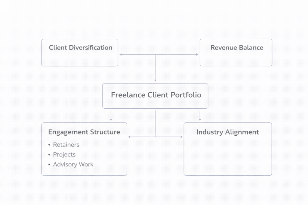 freelance client portfolio strategy framework showing client diversification, revenue balance, engagement structure, and industry alignment