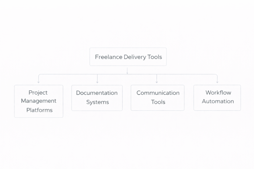 framework showing categories of tools used for freelance delivery including project management, documentation systems, communication tools, and workflow automation