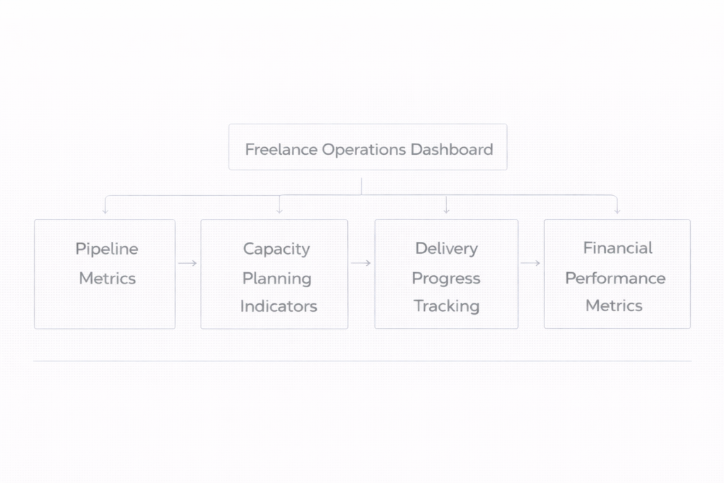 framework showing a dashboard with sections for pipeline metrics, capacity utilization, delivery progress, and financial performance