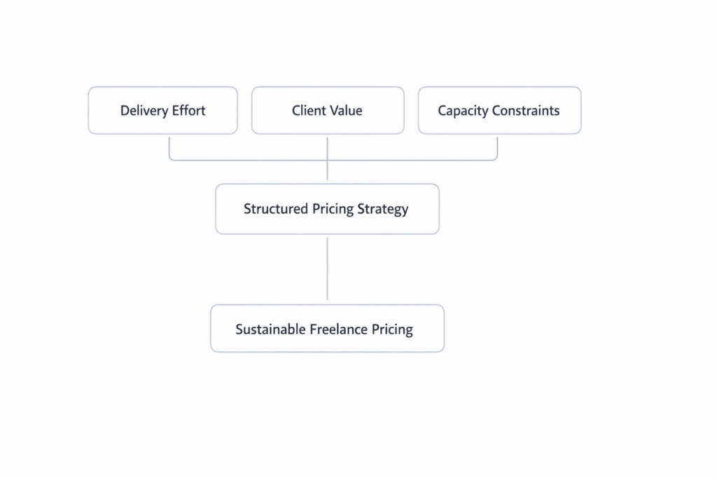 framework showing how delivery effort, value delivered, and capacity constraints influence freelance pricing strategy