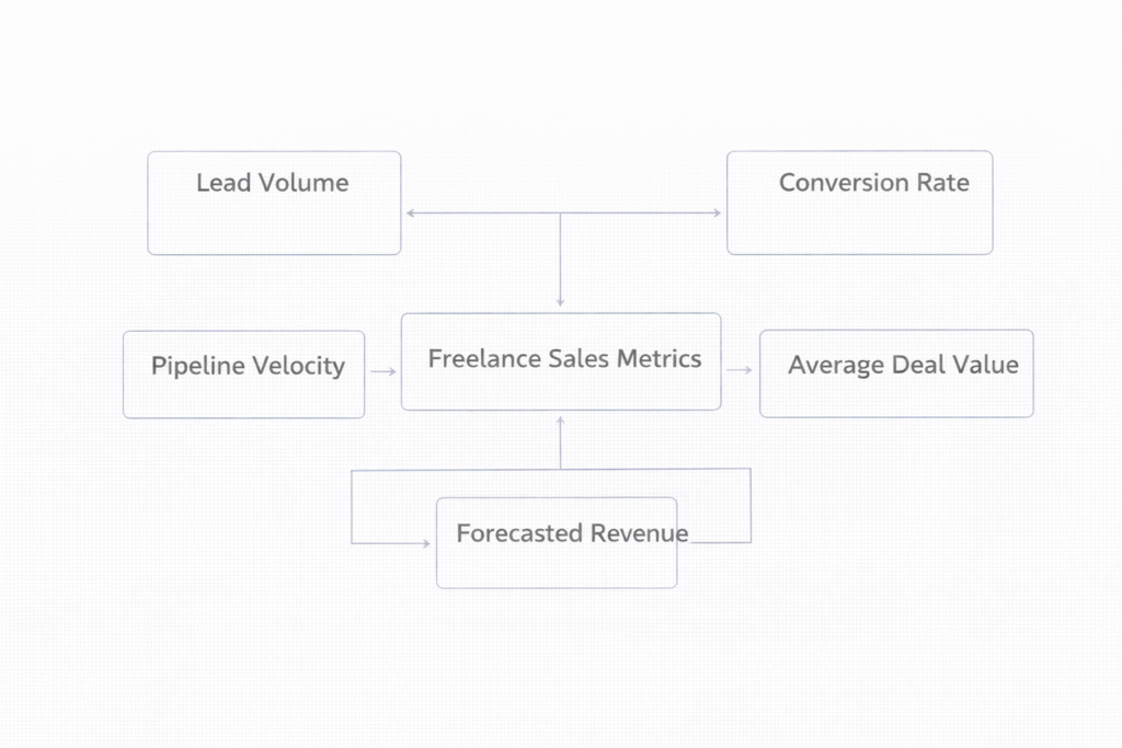 b2b freelance sales metrics framework showing lead volume, conversion rate, pipeline velocity, deal value, and revenue forecasting