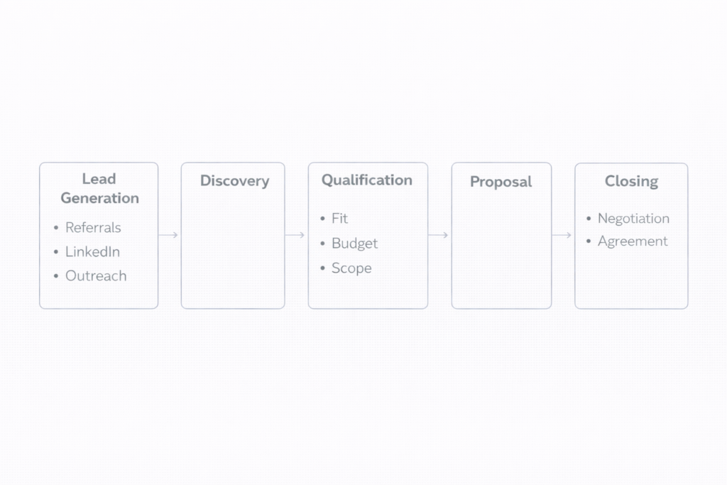 freelance sales pipeline framework showing lead generation, discovery, qualification, proposal, and closing stages