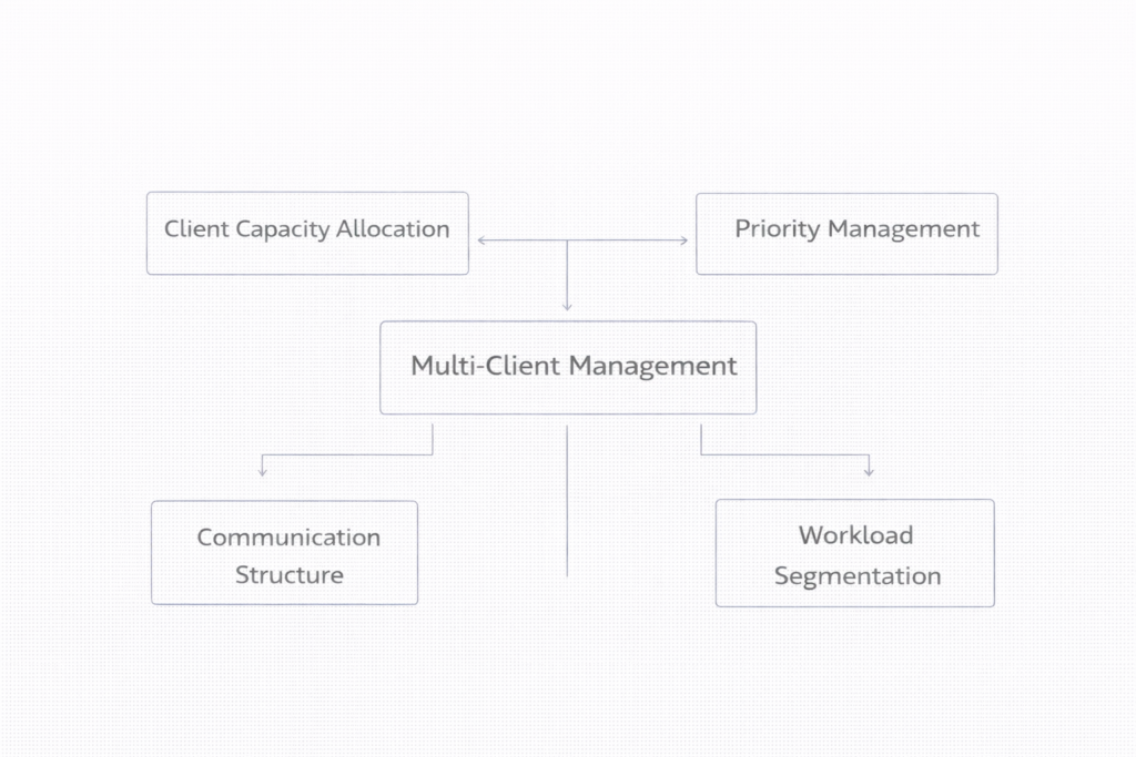 multi client management framework for freelancers showing client capacity allocation, priority management, communication structure and workload segmentation