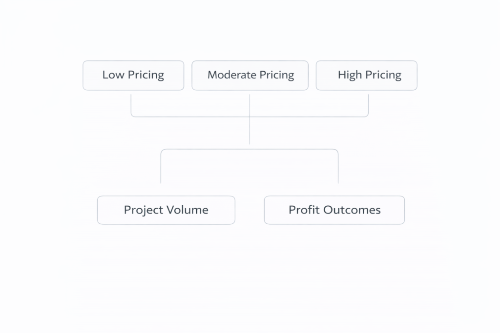 framework showing different pricing scenarios and their effects on revenue targets, project volume, and profitability