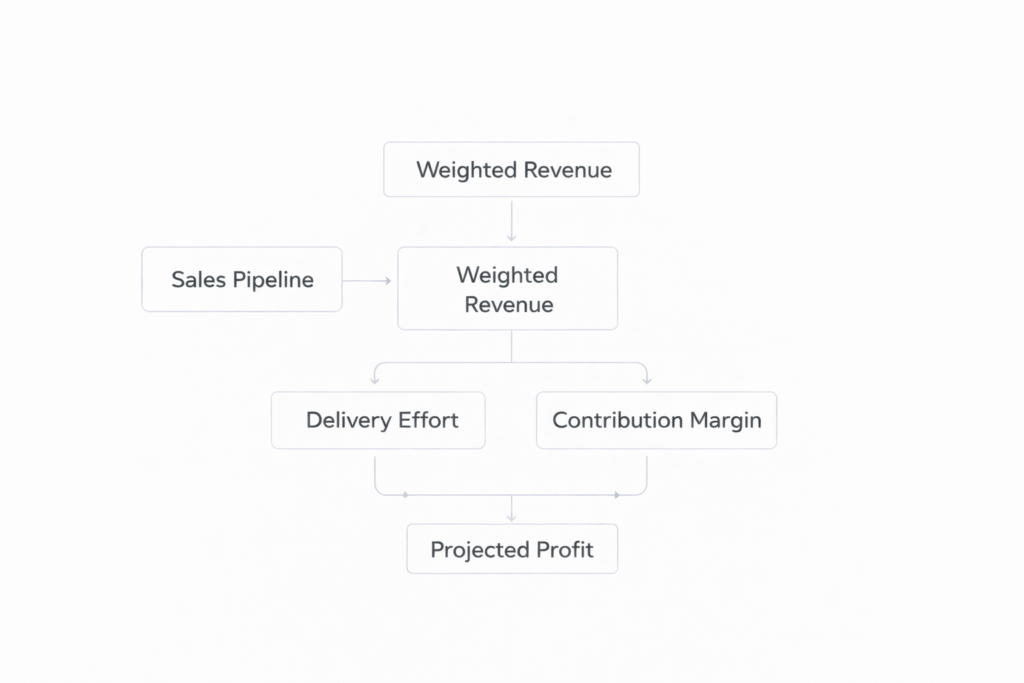 framework showing pipeline opportunities converted into weighted revenue, estimated delivery effort, and resulting profit forecast
