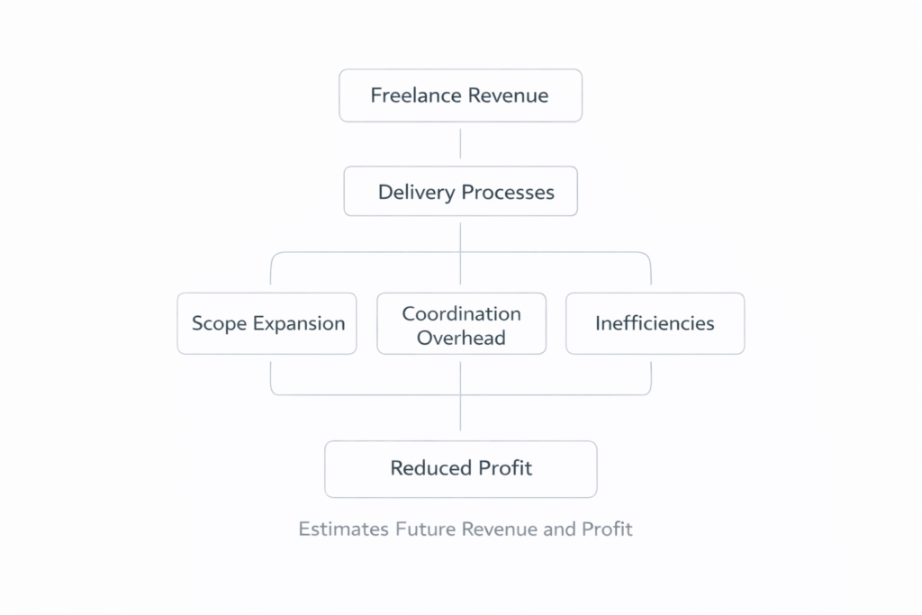 framework showing how revenue is reduced by delivery inefficiencies and scope expansion, resulting in profit leakage
