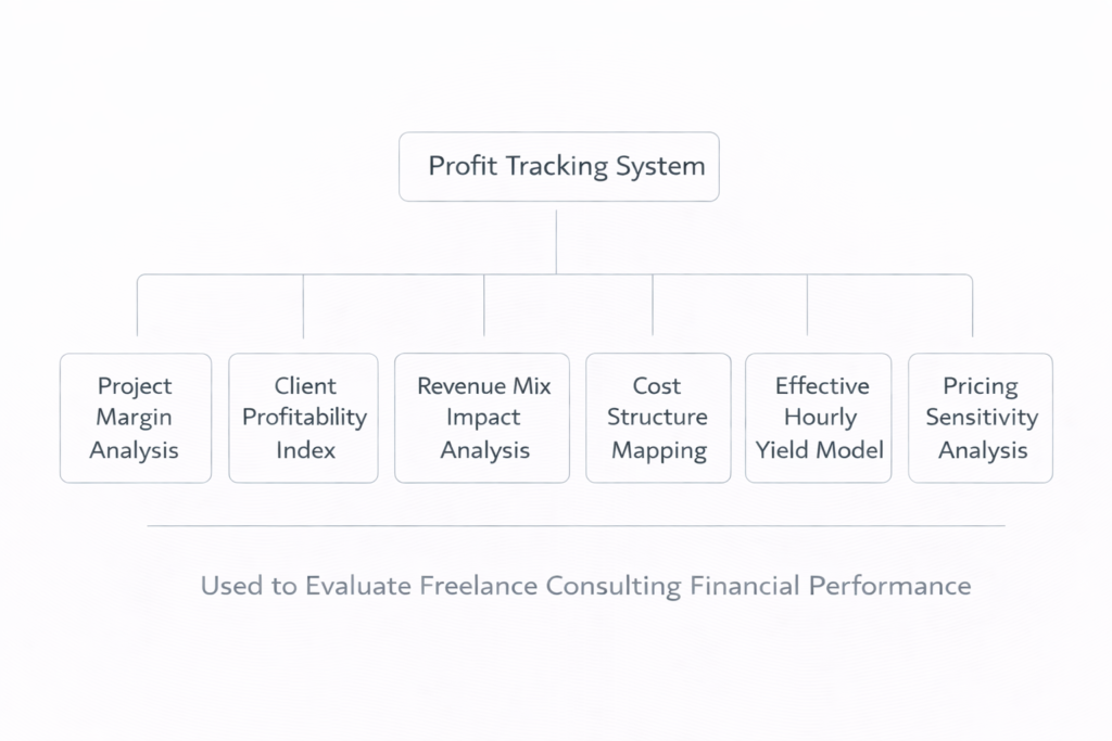 framework diagram showing the six financial intelligence components of the Profit Tracking System including project margin analysis, client profitability, revenue mix analysis, cost structure mapping, effective hourly yield, and pricing sensitivity analysis