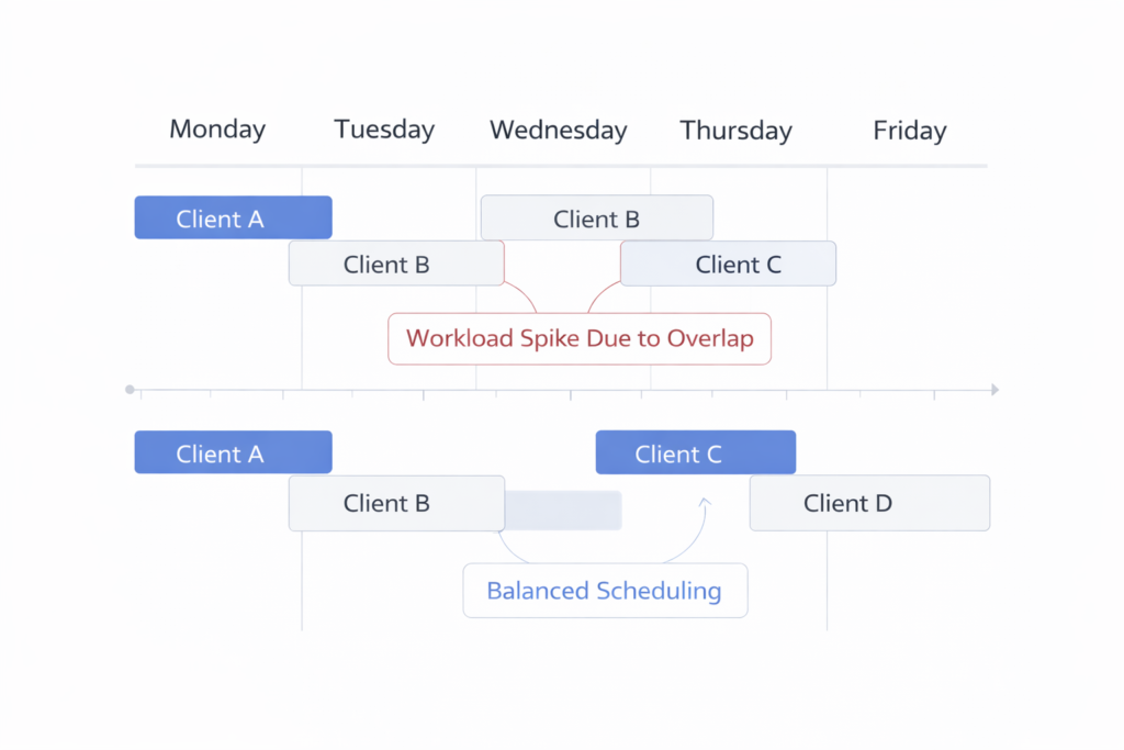 consulting project timelines overlapping across weeks showing workload spikes and balanced delivery scheduling