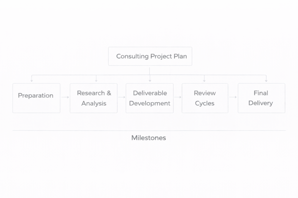 framework showing consulting project phases including preparation, research, deliverable development, review cycles, and final delivery