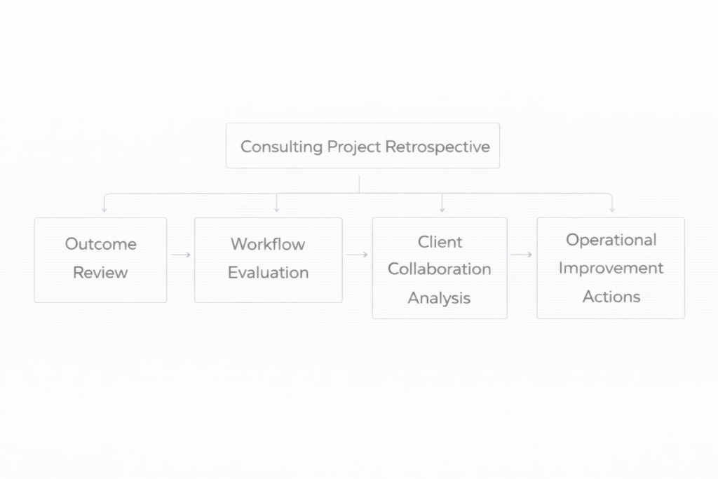  framework showing post-project review stages including outcome evaluation, workflow analysis, client collaboration review, and operational improvements