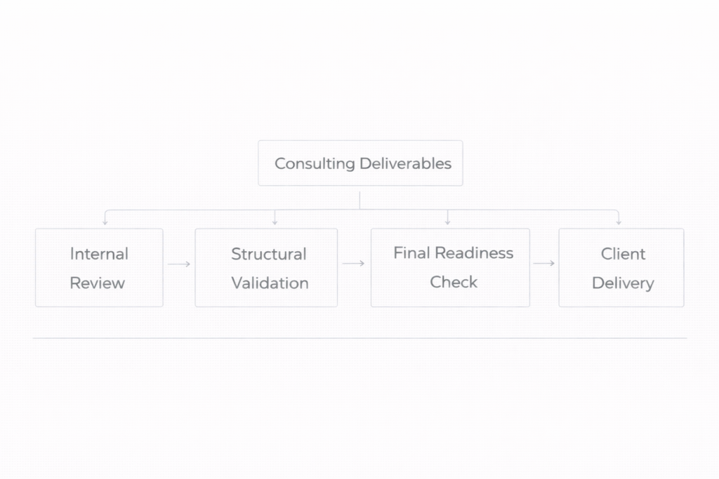 framework showing consulting deliverables passing through structured review steps including self-review, structural review, and final validation