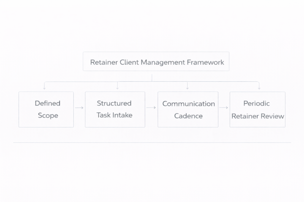framework showing structured retainer management including scope definition, task prioritization, communication cadence, and periodic review