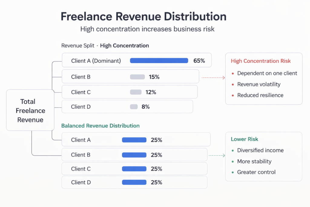 framework showing total freelance revenue distributed across clients, highlighting how a dominant client increases concentration risk