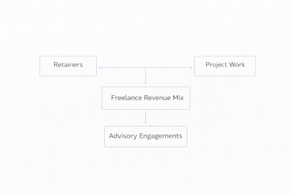 revenue mix design framework for freelancers showing retainers, project work and advisory engagements within a balanced consulting portfolio