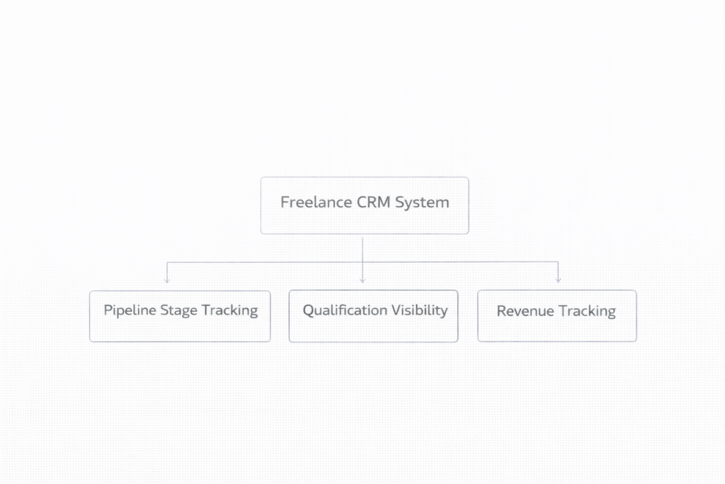 simple crm framework for freelancers showing pipeline stage tracking, qualification visibility and revenue tracking