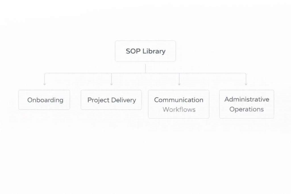 framework showing a structured library of operational procedures organized by categories such as client onboarding, project delivery, communication, and administration