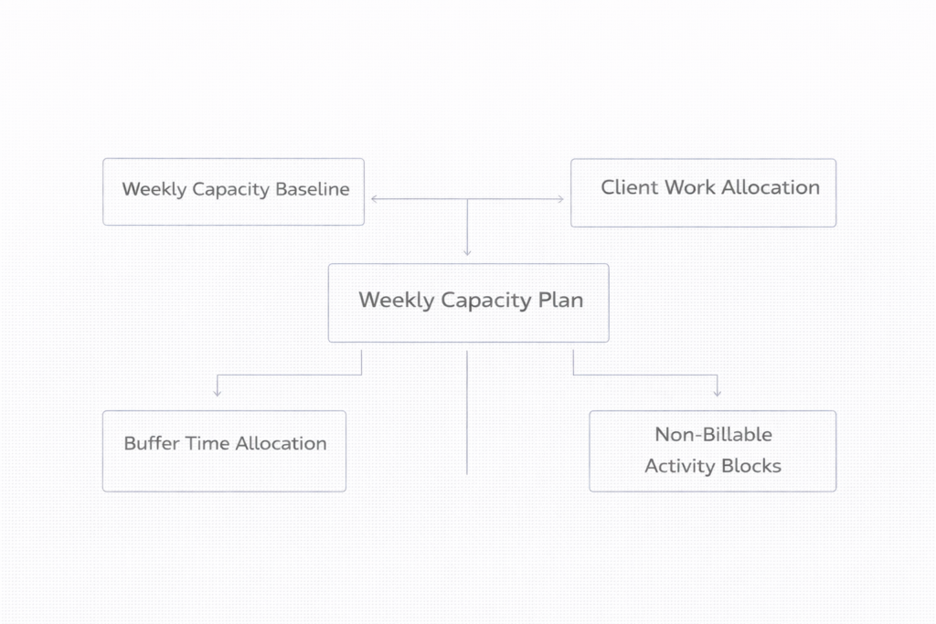 weekly capacity planning framework for freelancers showing capacity baseline, client allocation, buffer allocation and non billable time blocks