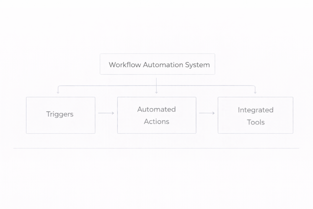 framework showing automated workflows triggered by events such as new clients, project milestones, and scheduled reminders