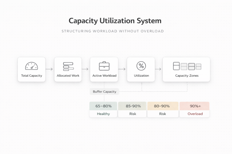 Freelance capacity utilization diagram showing workload allocation, utilization rate, and capacity zones (healthy, risk, overload)