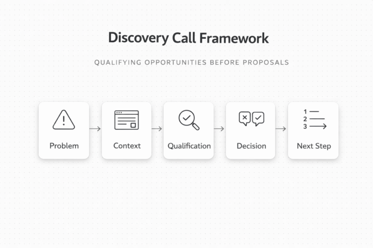 Discovery call framework infographic showing five steps from problem to next step in a horizontal flow