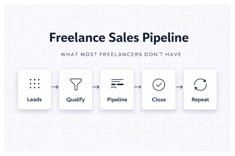Freelance sales pipeline diagram showing stages from leads to qualification, pipeline management, closing and repeat client acquisition