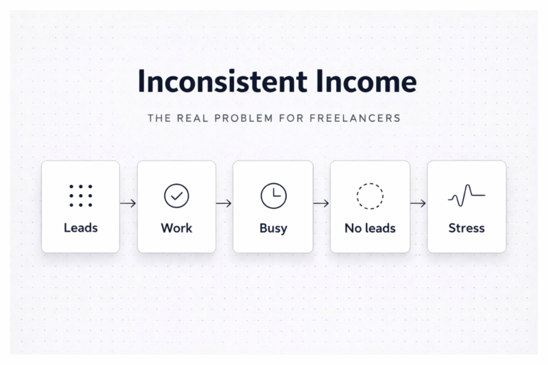 inconsistent freelance income cycle showing leads, work, busy period, no leads and stress