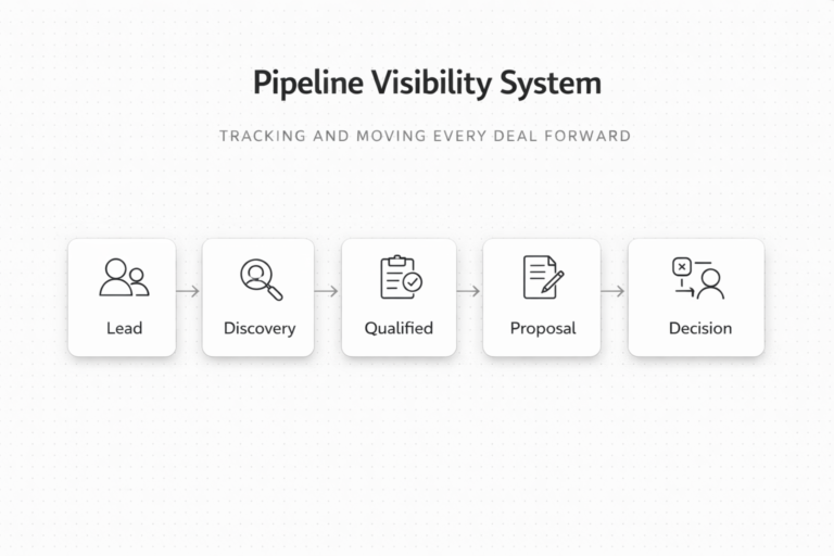Pipeline visibility system infographic showing six stages from lead to client in a horizontal flow