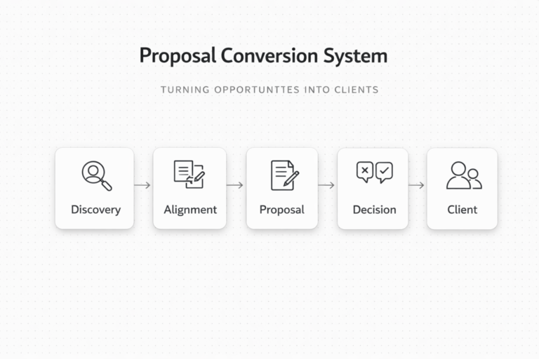 Proposal conversion system infographic showing five stages from discovery to client in a horizontal flow
